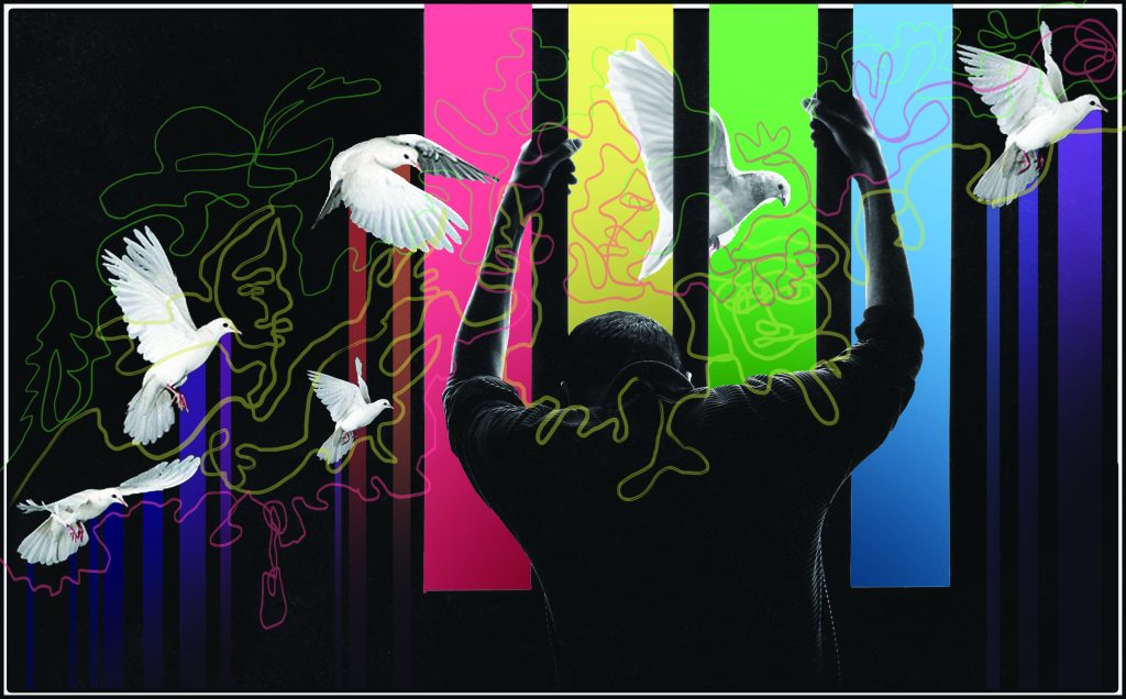 A digital image of a person holding onto prison bars, facing away from the viewer with their head slumped down between their outstretched arms. Between each set of bars is a different color of the rainbow. White doves fly all around them.