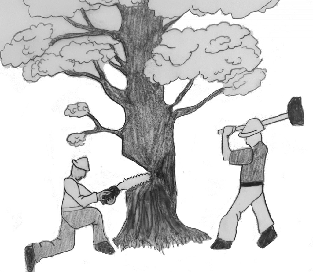 A drawing of two men in in hard hats working on cutting down a tree. One of them uses a buzz saw to carve a wedge out of the trunk. The other is holding a mallet above his head, about to take a swing at the trunk.