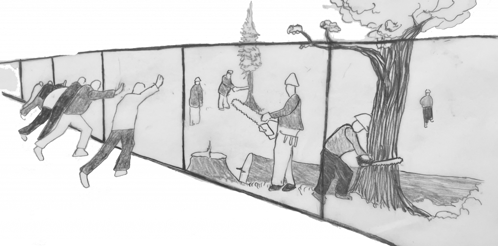 A drawing of a group of people pushing up against a fence as men in hard hats use buzz saws to cut down trees in the background.