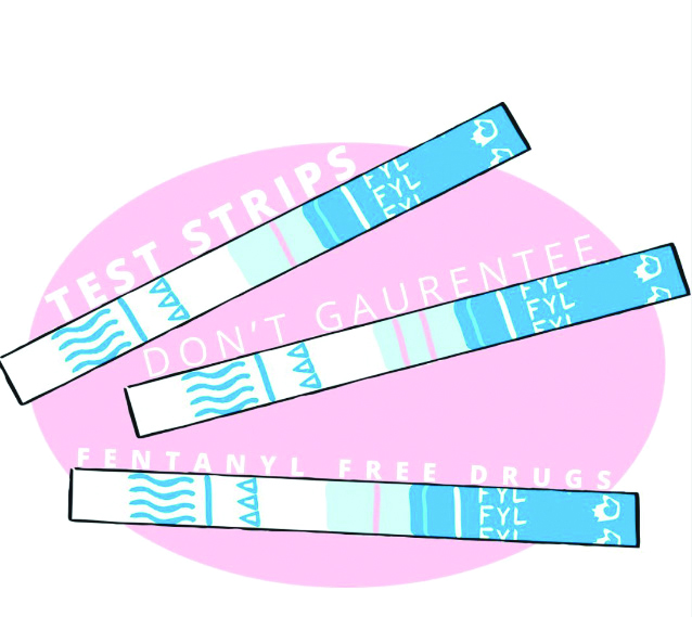 A digital image of fentanyl test strips and the words "test strips don't guarantee fentanyl free drugs" mixed in. 