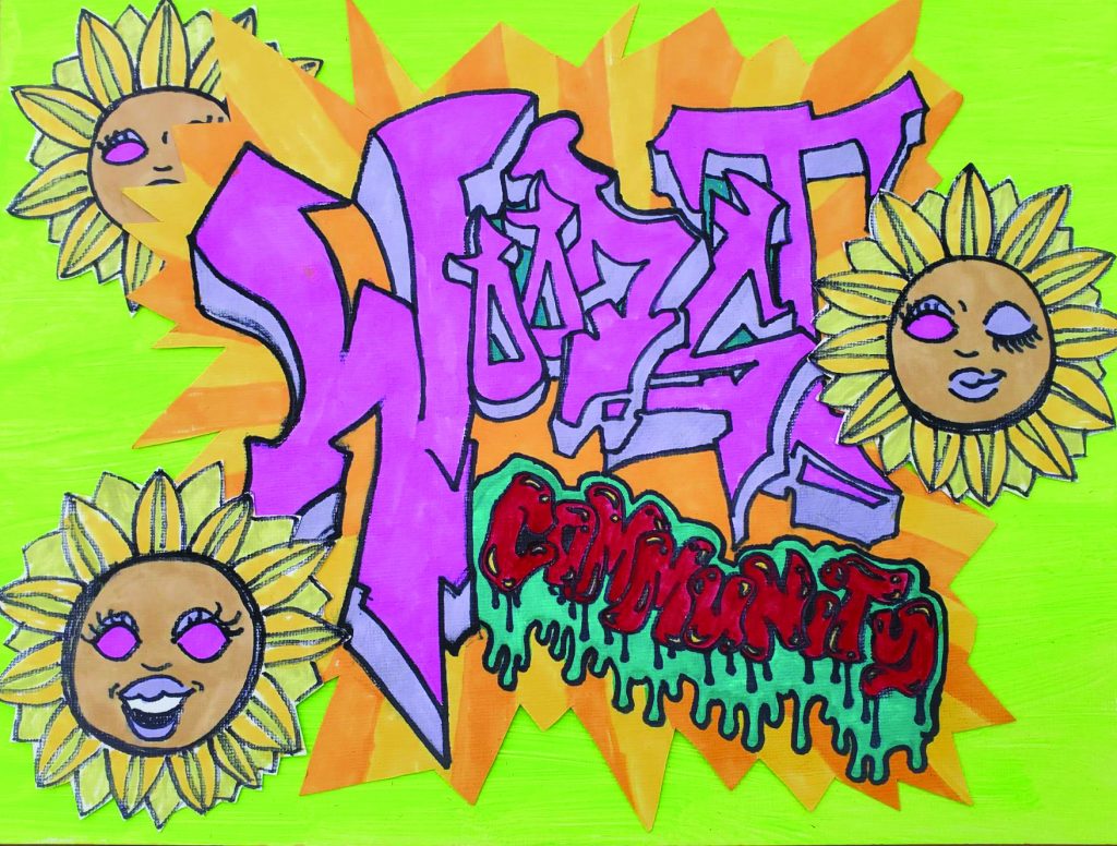 Graffiti text of the words "wood st community" with smiling sunflowers all around. The image has a bright green background with pink and purple text.