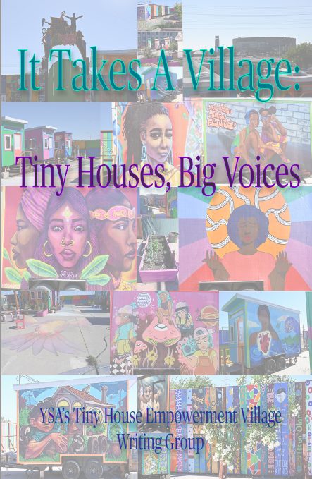 The cover of the Tiny Houses, Big Voices book, featuring photos of tiny homes covered in murals.