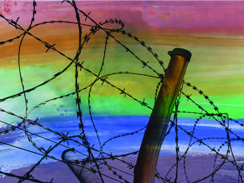 A digital image of a barbed wire fence in front of a rainbow colored sky.