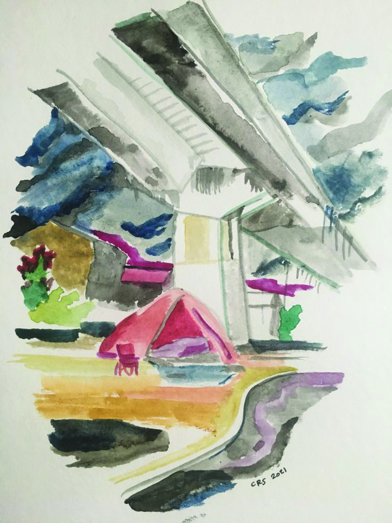 A colorful watercolor image of a tent under the highway. The watercolors are drippy, giving the feeling of rain.