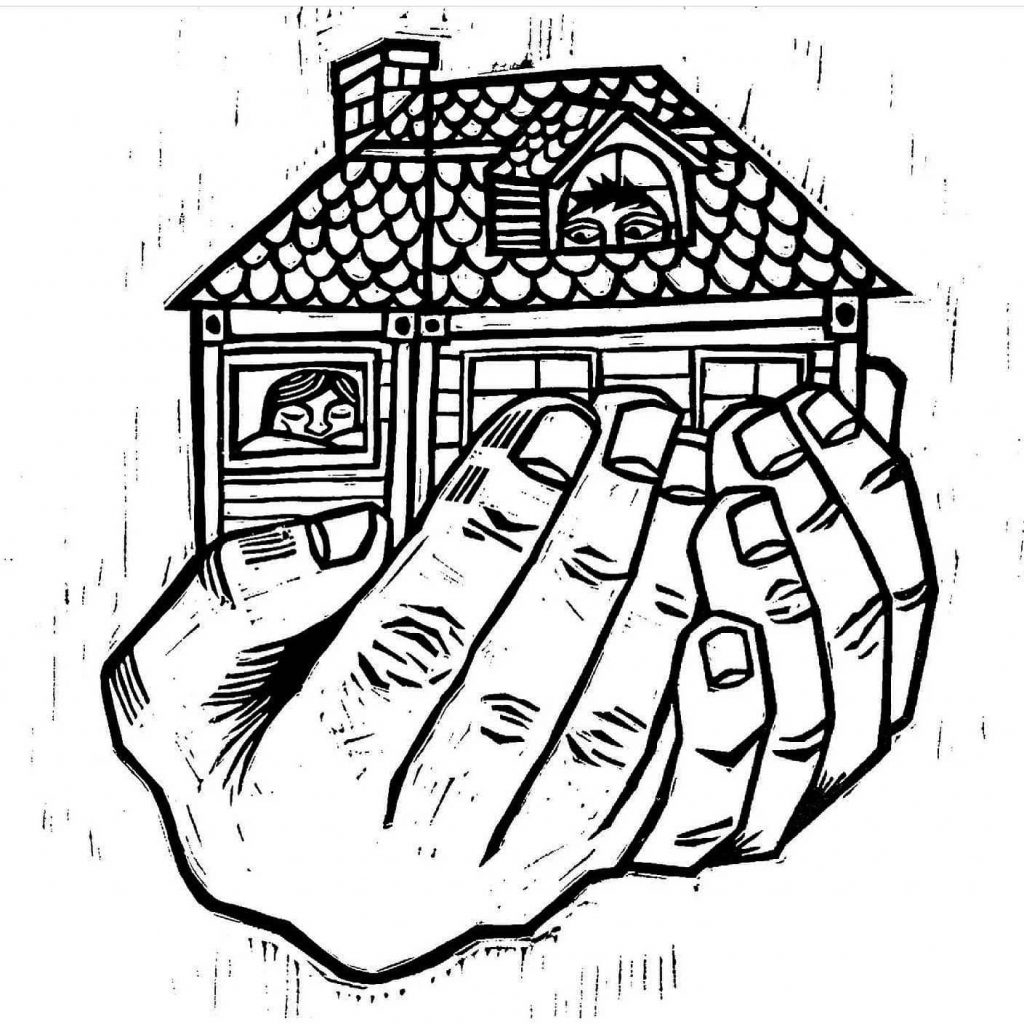 A black and white hand-made print of two hands holding a house with a shingled roof. In the windows of the house, faces can be seen resting peacefully.