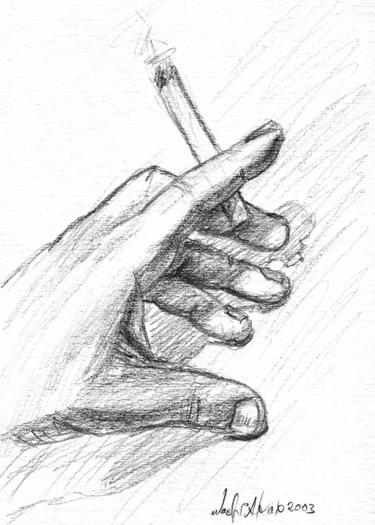 A black and white sketch of a hand holding a lit cigarette.
