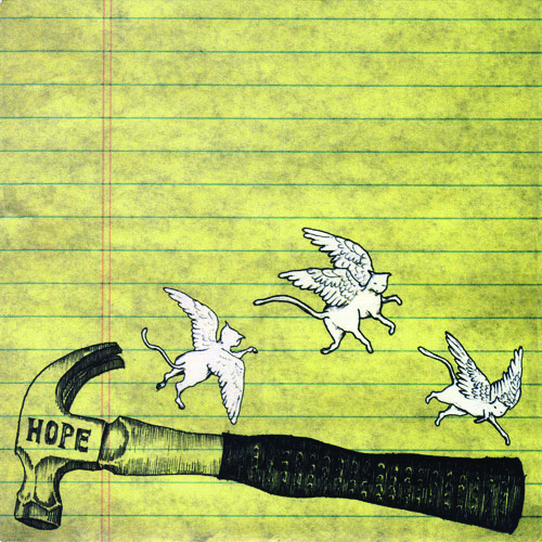 A drawing of a hammer with the word "hope" inscribed on the head. Above it, three white cats with wings fly in an arc. The image is drawn on a yellow piece of binder paper.