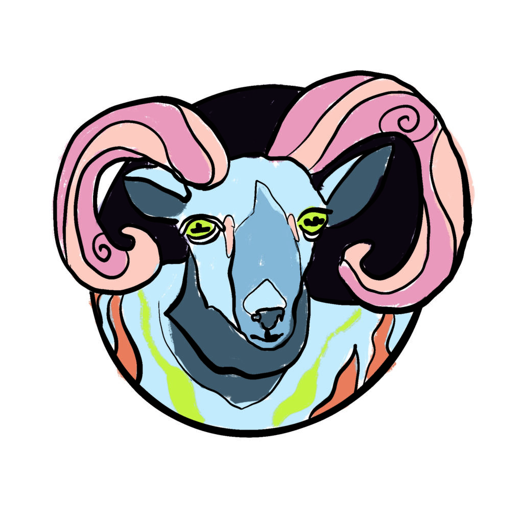 Illustration of a ram's head with curled horns for the zodiac sign Aires. The picture is framed in a small circle.