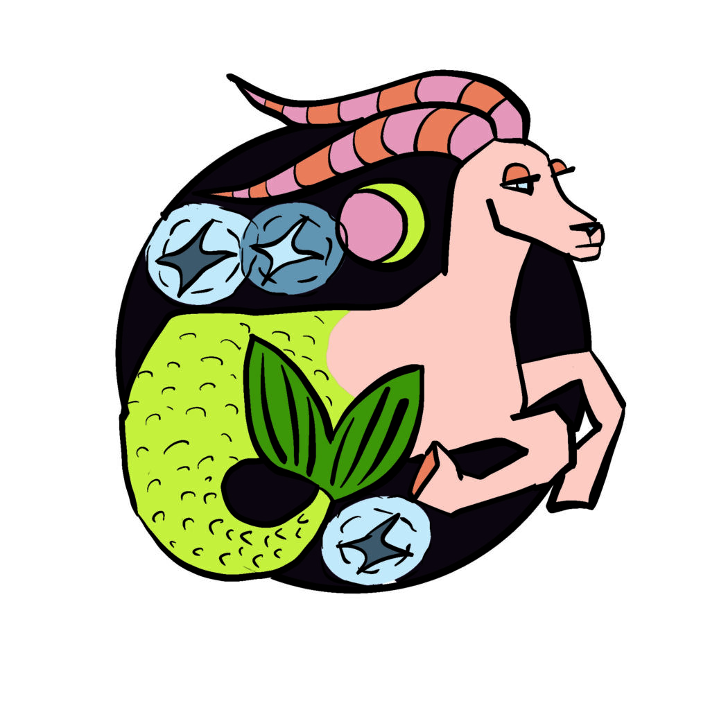 Illustration of a goat with epically long horns and a fish tail. This is the "sea goat," symbol for the zodiac sign Capricorn. 