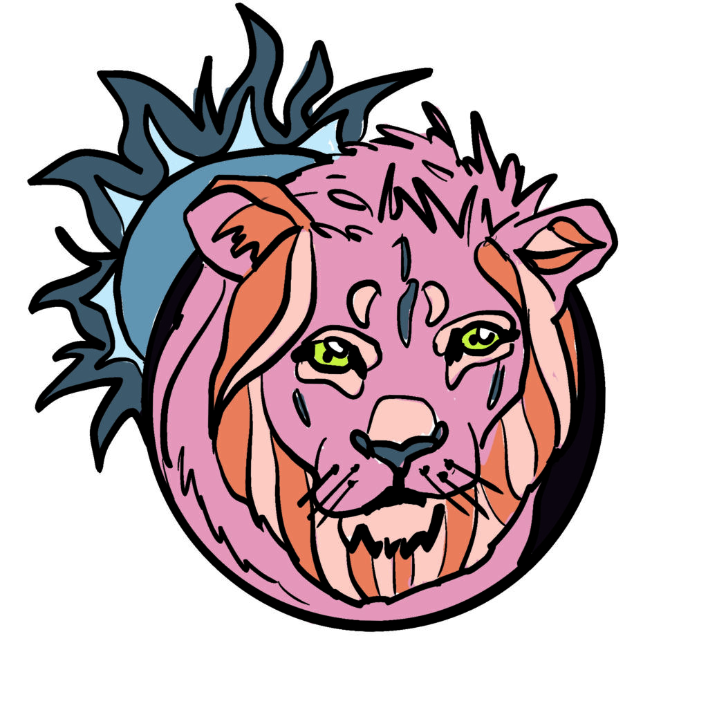 An illustration of a lion. We can only see his head and face because he is in a small circle frame. This is a symbol for the Leo sign, which is the zodiac sign for the first twenty-two days of August.