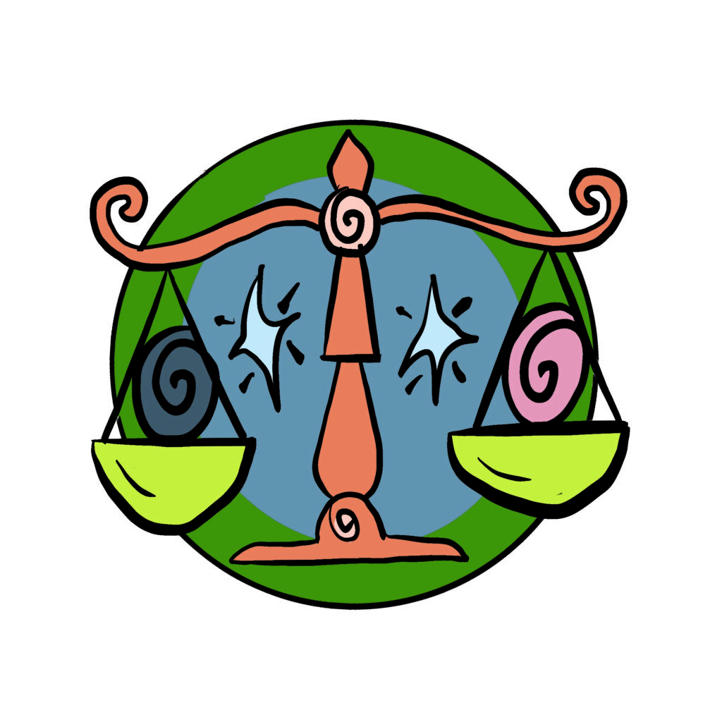 Illustration of two near-evenly weighted scales. This is the symbol for the zodiac sign Libra.