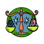 Illustration of two near-evenly weighted scales. This is the symbol for the zodiac sign Libra.