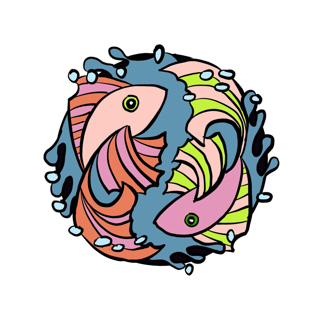 Illustration of two fish circling each other and swimming in opposite directions. Fish are the symbol for the zodiac sign Pisces.