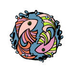 Illustration of two fish circling each other and swimming in opposite directions. Fish are the symbol for the zodiac sign Pisces.