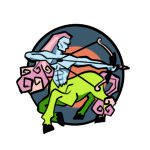 Illustration of a centaur who is turning back to aim their bow and arrow at a target (presumably) behind them. This is the symbol for the zodiac sign Sagittarius.