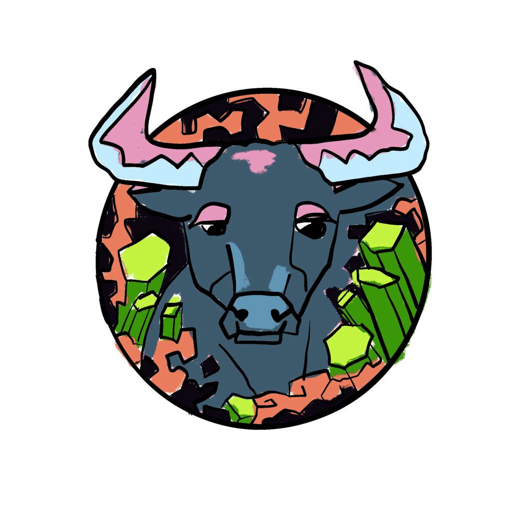 Illustration of a bull with horns for the zodiac sign Taurus. He image is framed in a circle.