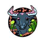 Illustration of a bull with horns for the zodiac sign Taurus. He image is framed in a circle.