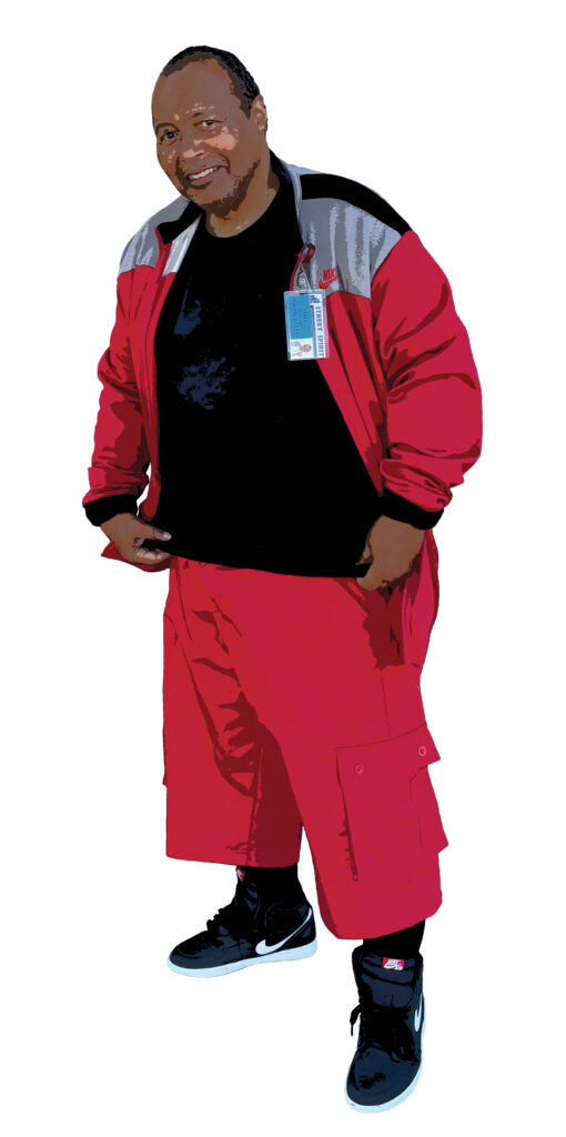 A digitized photograph of Vernon Dailey, a Black man wearing a red jacket and matching red pants, with a black T-shirt and a blue "Street Spirit" badge.