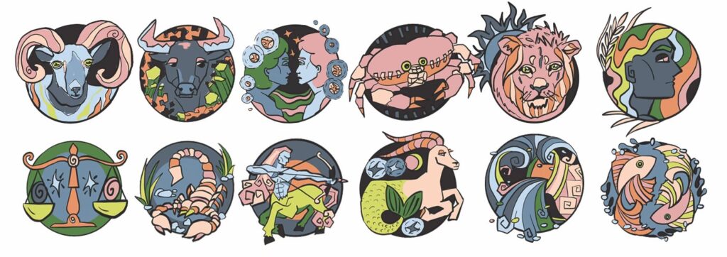 A set of 12 illustrations to represent each of the 12 zodiac signs, from Aries to Pisces, in muted pinks, blues, and greens.